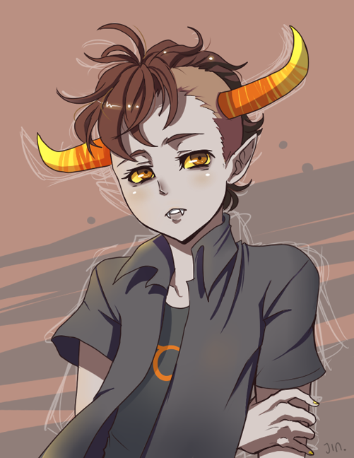 1boy, arms_behind_back, black_hair, blush, brown_eyes, fangs, grey_skin, homestuck