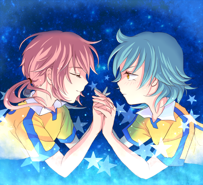 2boys, aqua_hair, closed_eyes, holding_hands, inazuma_eleven_(series), inazuma_eleven_go, kariya_masaki, kirino_ranmaru