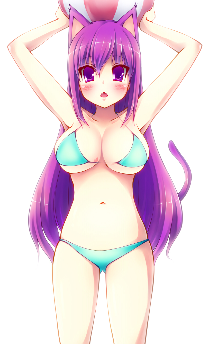 1girl, animal_ears, armpits, ball, beachball, borrowed_character, breasts, cat_ears