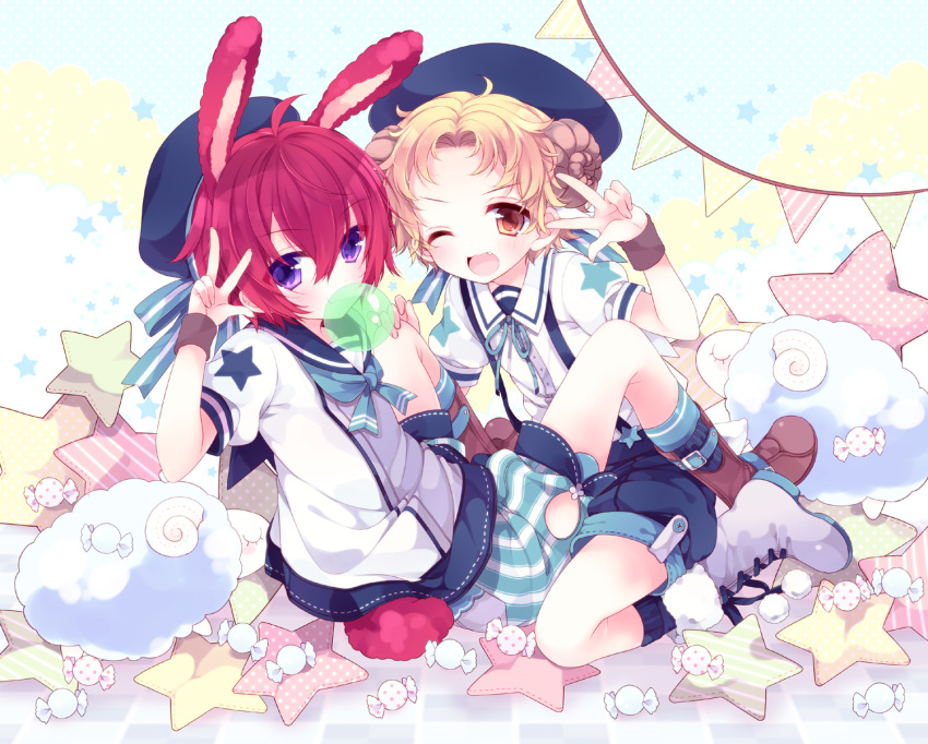 2boys, :3, akutagawa_jirou, animal_ears, blonde_hair, boots, brown_eyes, bunny_tail
