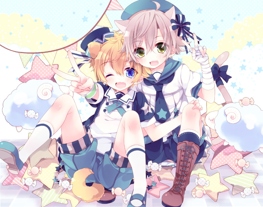 2boys, :3, animal_ears, blonde_hair, blue_eyes, boots, brown_hair, cat_ears