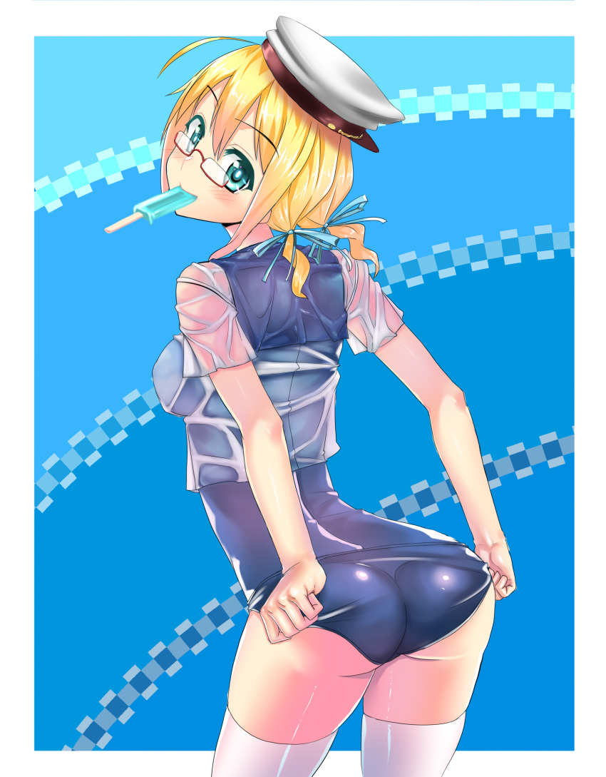 1girl, adjusting_clothes, adjusting_swimsuit, ass, blonde_hair, blue_eyes, glasses, hat
