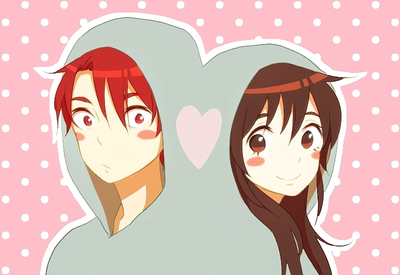 1boy, 1girl, blush_stickers, brown_eyes, brown_hair, female, heart, hood