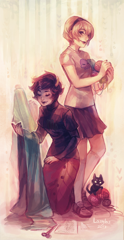 2girls, black_cat, black_hair, blonde_hair, cat, closed_eyes, fangs, grey_skin, hairband, homestuck, horns, kanaya_maryam, kneeling, lazili, lipstick, makeup, multiple_girls, rose_lalonde, sharp_teeth, short_hair, skirt, smile, violet_eyes, vodka_mutini, white_legwear, yarnball
