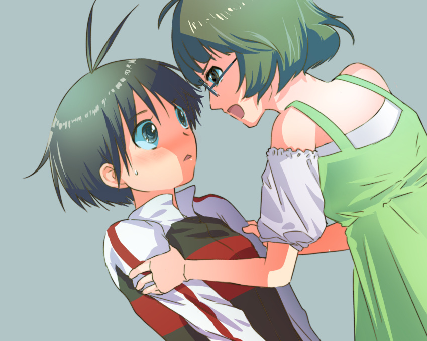 androgynous, antenna_hair, bare_shoulders, black_hair, blue_eyes, blush, brown_eyes, brown_hair, crossdressing, glasses, ichi404, idolmaster, idolmaster_dearly_stars, idolmaster_ds, kikuchi_makoto, open_mouth, raglan_sleeves, reverse_trap, short_hair, trap