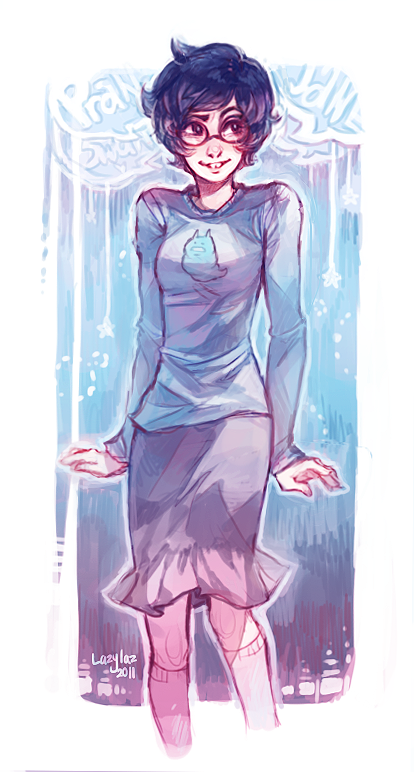 1girl, bad_id, black_hair, blue_eyes, bubble_skirt, buck_teeth, glasses, homestuck
