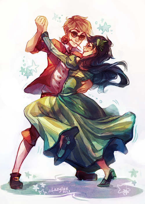 1boy, 1girl, black_hair, blonde_hair, bow, buck_teeth, closed_eyes, dancing