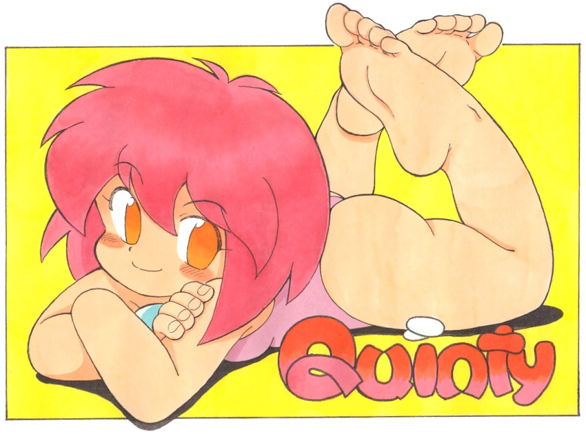 ass, barefoot, colored, feet, orange_eyes, oyatsu_(mk2), pink_hair, quinty, quinty_(character), soles, toes