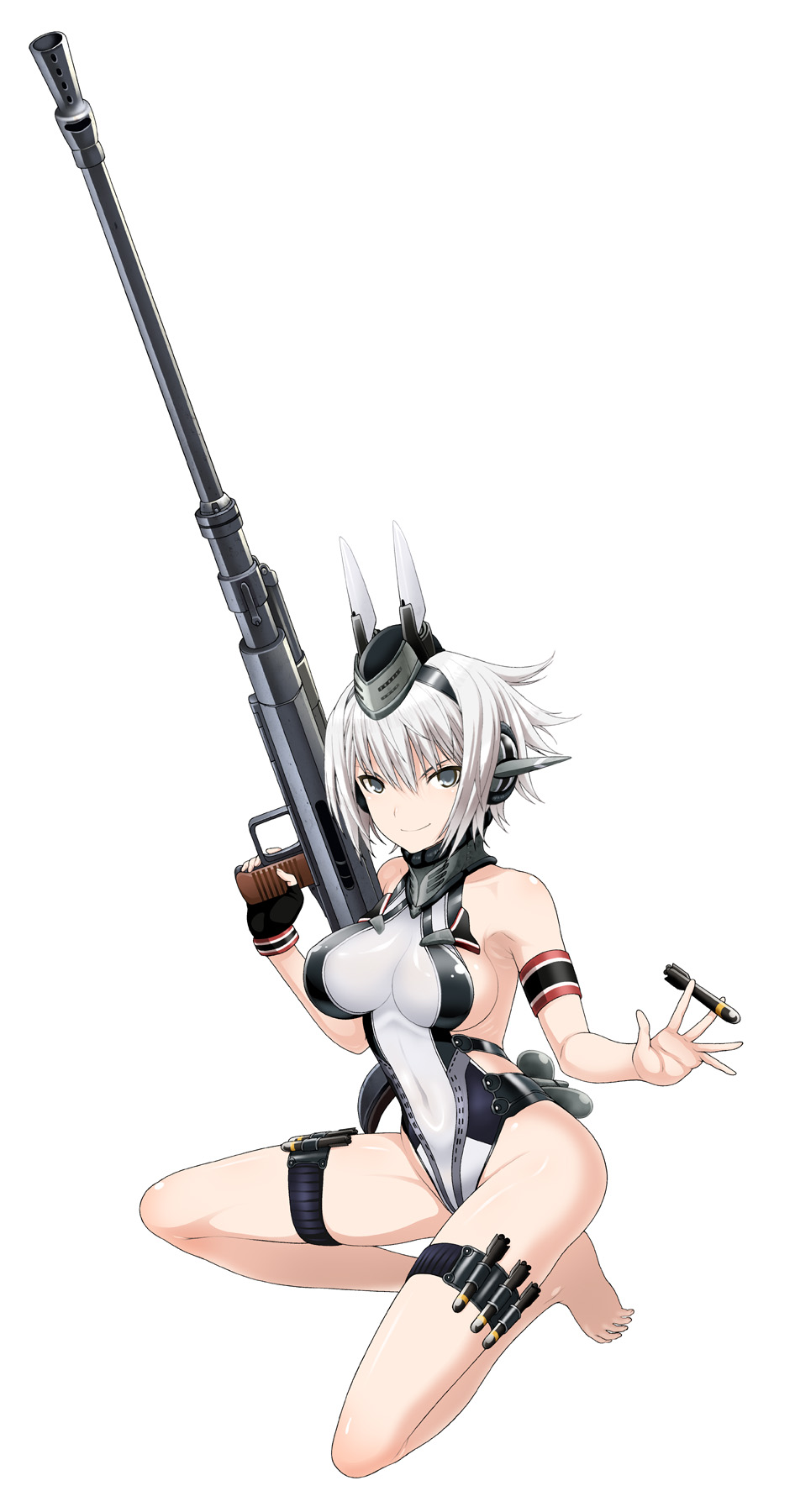 1girl, armband, blue_eyes, breasts, covered_navel, fingerless_gloves, gloves, gun