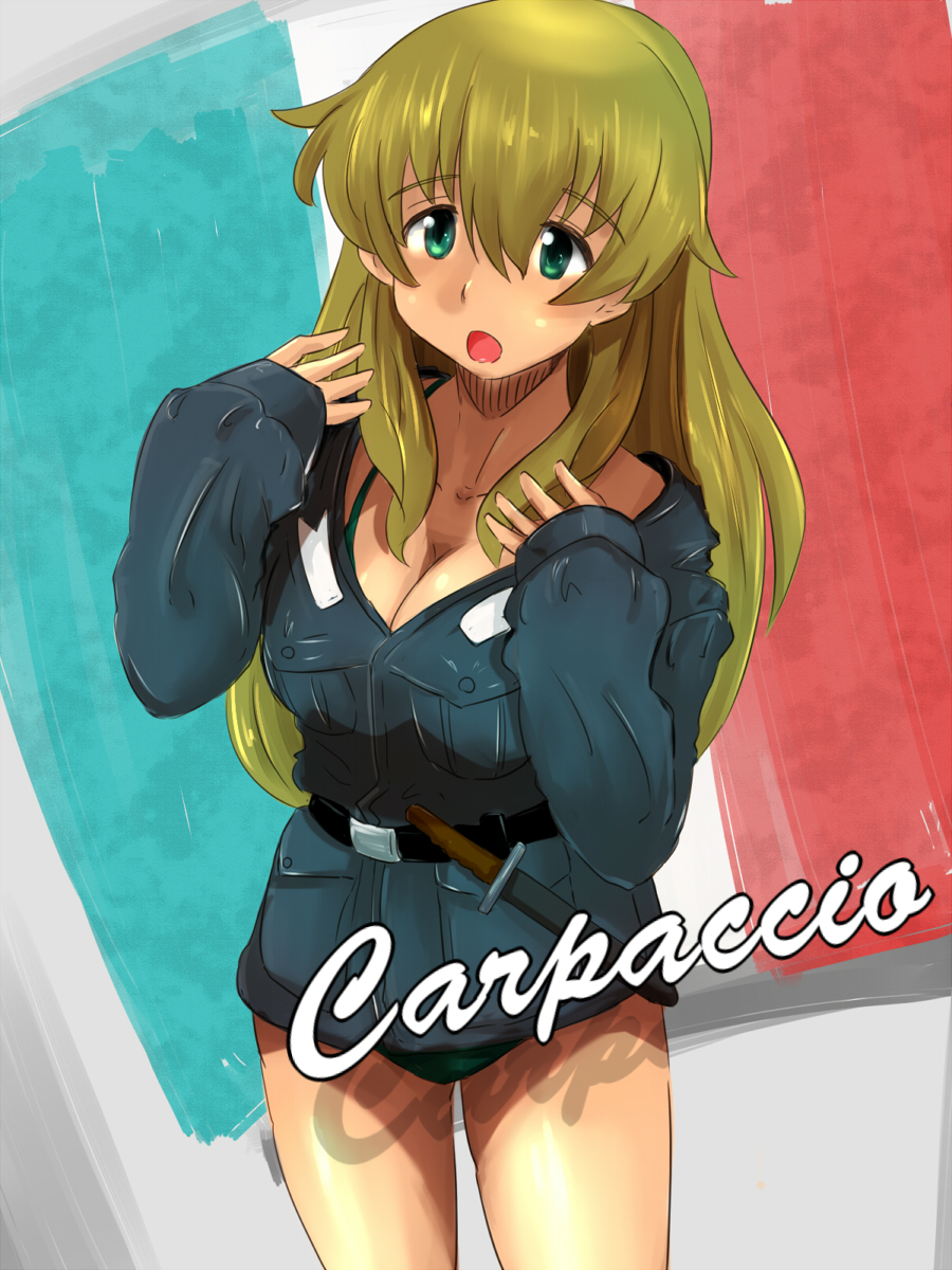 blonde_hair, blush, breasts, carpaccio, cleavage, girls_und_panzer, green_eyes, highres
