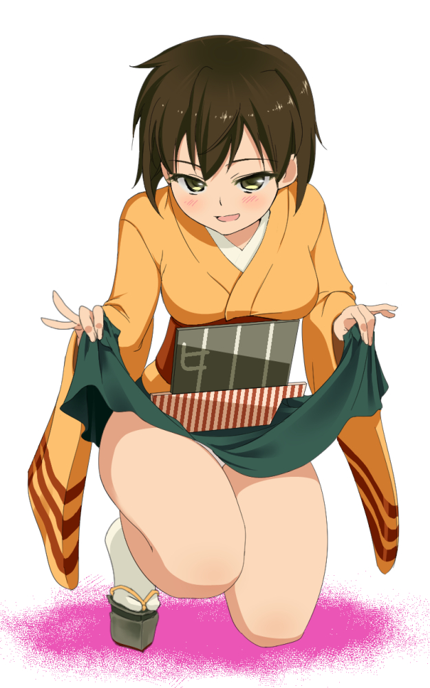 1girl, blush, brown_hair, clog_sandals, flight_deck, hiryuu_(kantai_collection), into-rain, japanese_clothes
