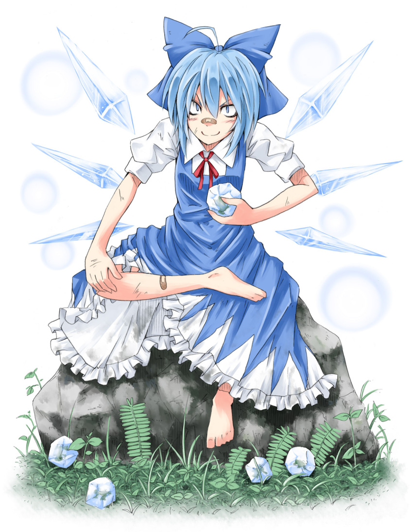 bandaid, barefoot, blue_eyes, blue_hair, bow, cirno, crossed_legs, evil_grin