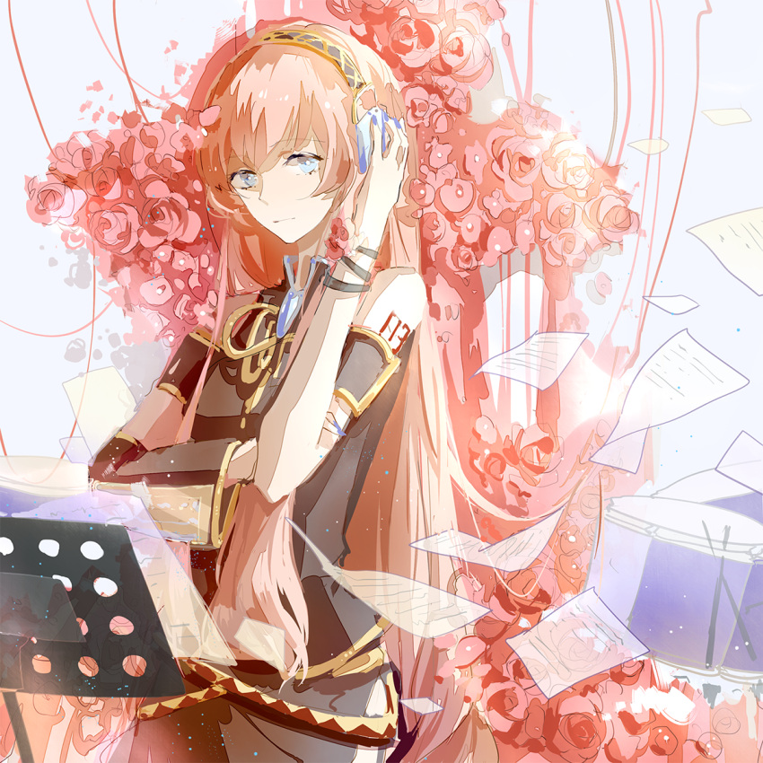 1girl, aqua_eyes, flower, hand_on_headphones, headphones, highres, kyer, long_hair