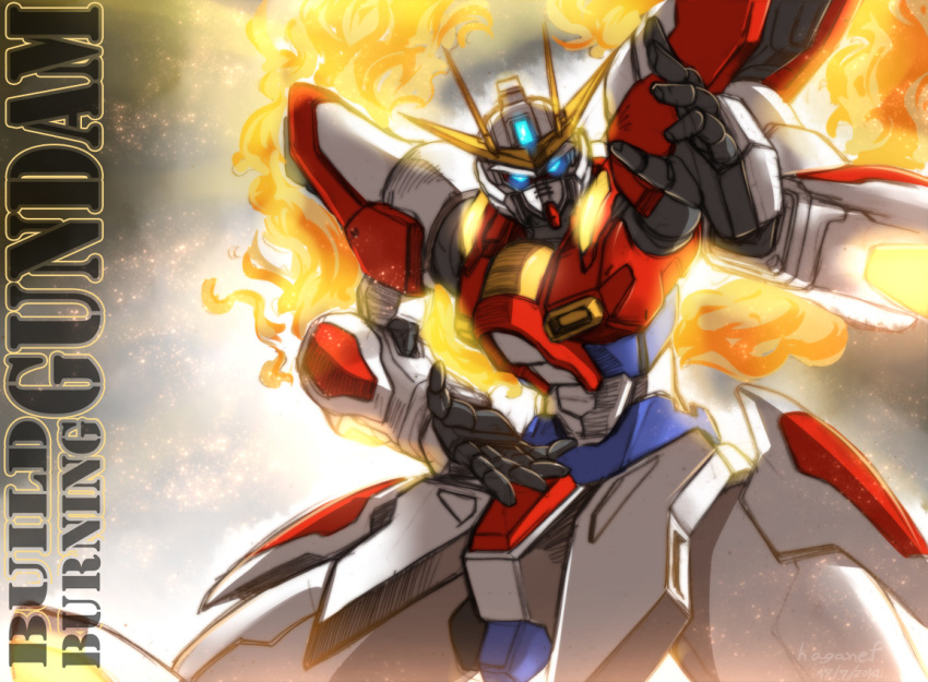 blue_eyes, build_burning_gundam, character_name, dated, fighting_stance, fire, flame, glowing
