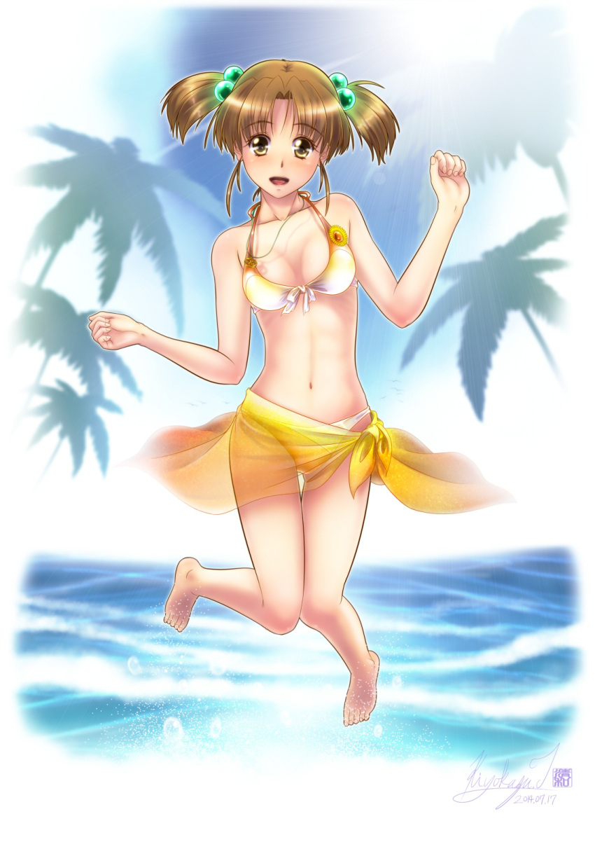 1girl, bikini, brown_eyes, brown_hair, highres, jumping, kiyokazu, nagakura_emiru