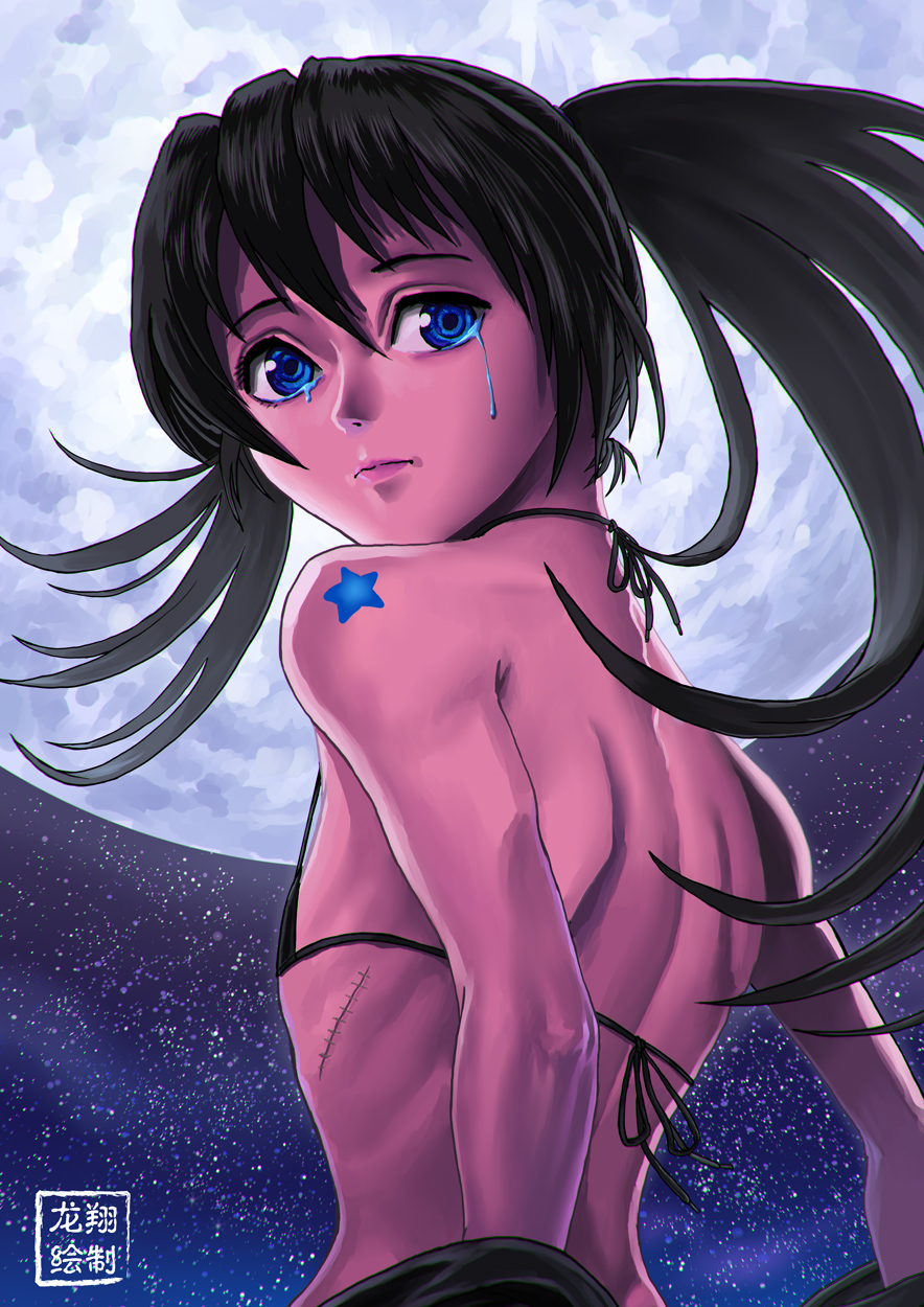 1girl, back, bikini_top, black_hair, black_rock_shooter, black_rock_shooter_(character), blue_eyes, crying