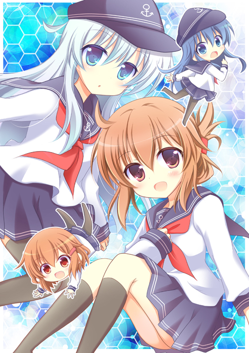 4girls, akatsuki_(kantai_collection), black_hair, blue_eyes, blue_hair, brown_eyes, brown_hair, chibi