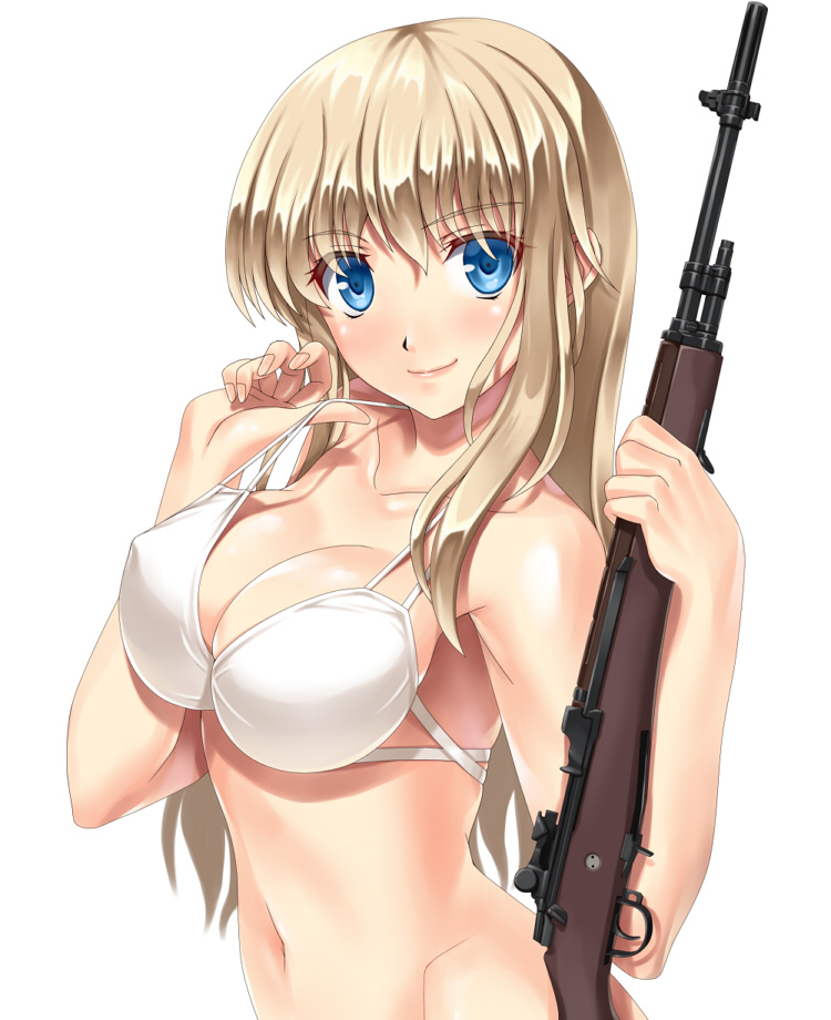 1girl, armpits, bare_shoulders, battle_rifle, bikini, bikini_top, blonde_hair, blue_eyes, blush, breasts, cleavage, collarbone, gun, hobenkei, holding, holding_gun, holding_weapon, large_breasts, long_hair, looking_at_viewer, m14, m14_(upotte!!), midriff, navel, personification, rifle, simple_background, smile, solo, strap_pull, swimsuit, upotte!!, weapon, white_background, white_bikini, white_swimsuit