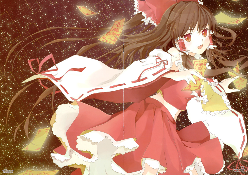 1girl, absurdres, ascot, bow, brown_hair, crease, detached_sleeves, frills