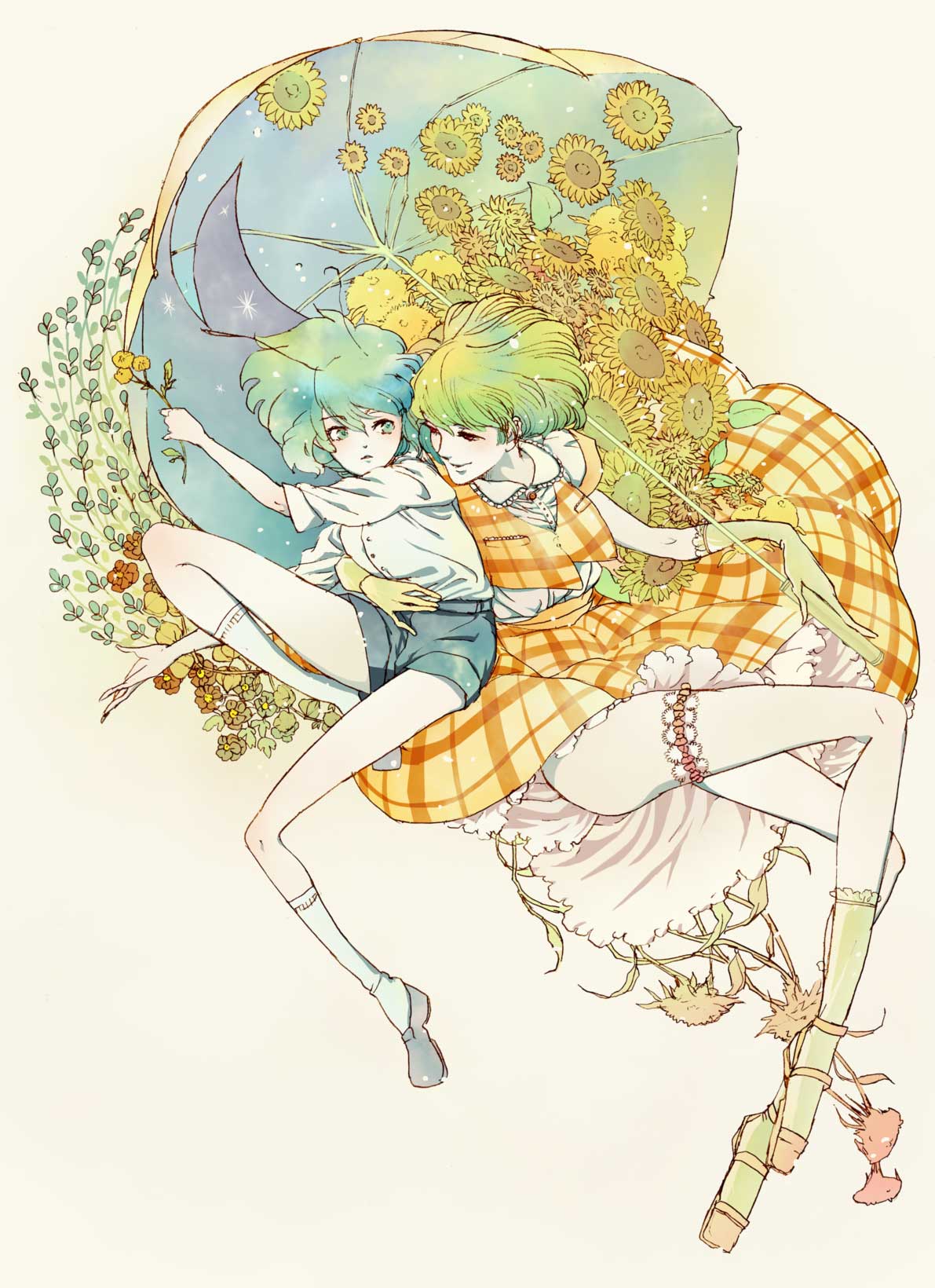 2girls, antennae, flower, garters, green_hair, highres, hug, kazami_yuuka