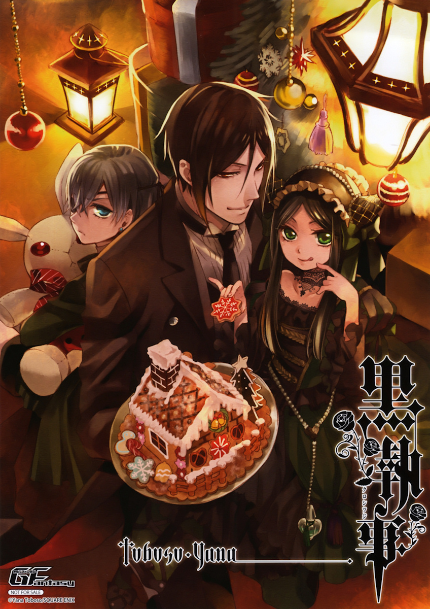 1girl, 2boys, :p, black_hair, blue_eyes, bow, ciel_phantomhive, cookie