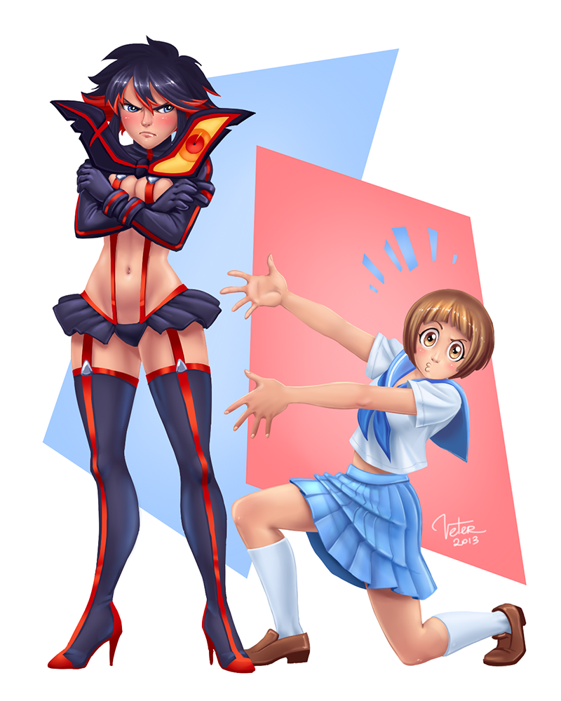 2girls, black_hair, blue_eyes, blush, boots, breasts, brown_eyes, brown_hair