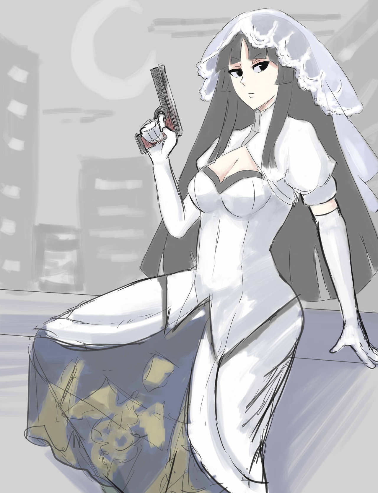 1girl, breasts, cleavage, elbow_gloves, gloves, gun, highres, kaguya_(under_night_in-birth)