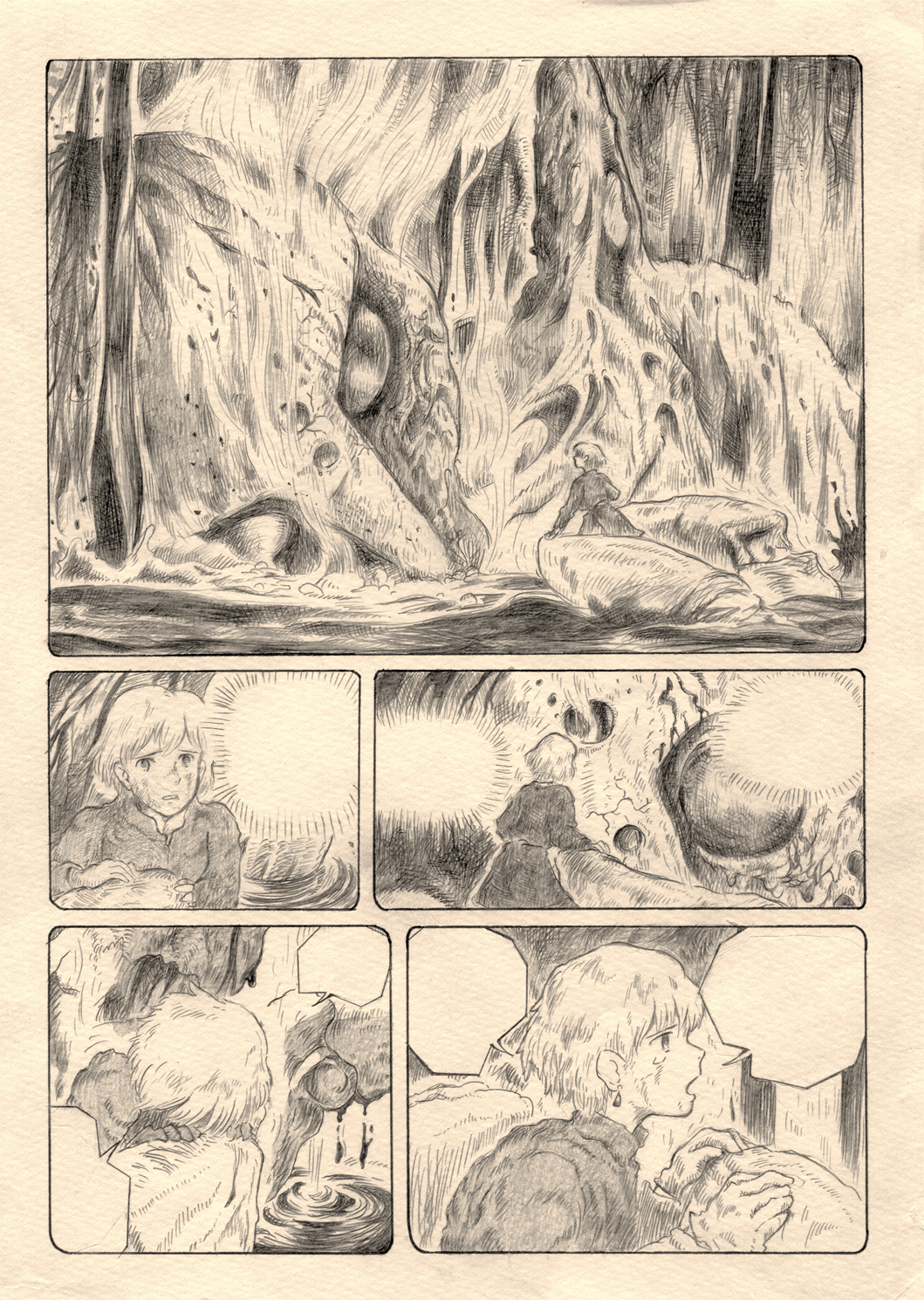 1girl, artist_request, comic, crying, dying, earrings, fangs, giant
