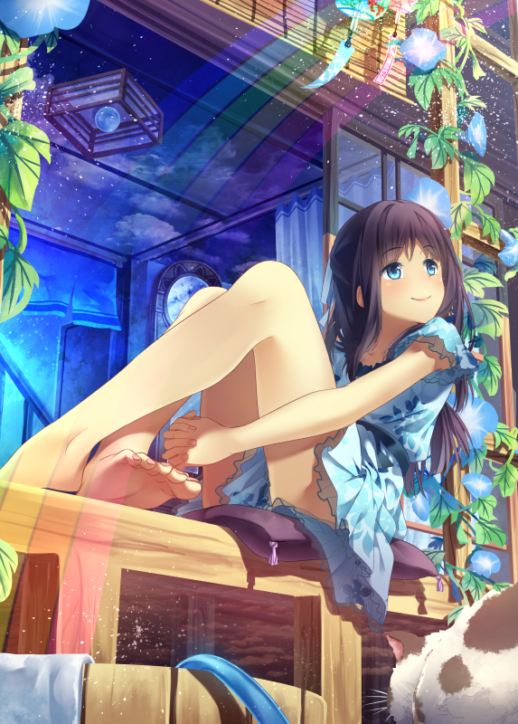 1girl, barefoot, black_hair, blue_eyes, cat, cushion, dress, feet