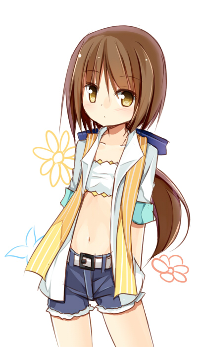 1girl, brown_eyes, brown_hair, hair_ribbon, long_hair, looking_at_viewer, navel, original