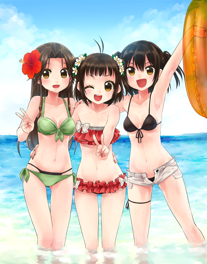 3girls, ;d, beach, bikini, black_hair, blush, breasts, brown_eyes