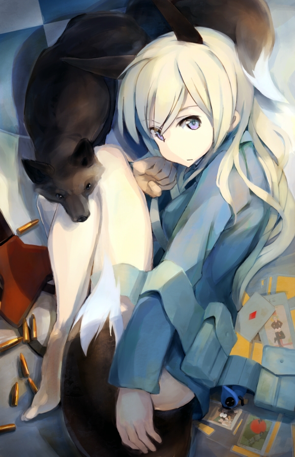 1girl, animal, animal_ears, barefoot, blonde_hair, bullet, eila_ilmatar_juutilainen, futenesira, long_hair, looking_at_viewer, military, military_uniform, solo, strike_witches, uniform, violet_eyes