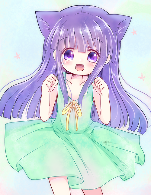 1girl, :d, animal_ears, blue_eyes, blue_hair, cat_ears, dress, furude_rika