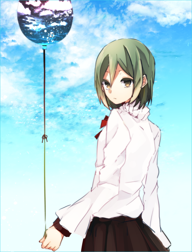 1girl, :/, balloon, brown_eyes, green_hair, holding, kagerou_project, kido_tsubomi