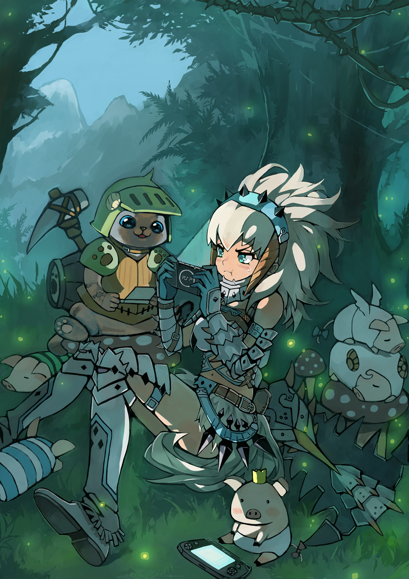 1girl, aqua_eyes, armor, barioth_(armor), blush, felyne, gauntlets, long_hair