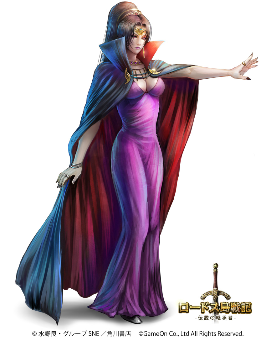1girl, bracelet, breasts, brown_hair, cape, circlet, cleavage, dress, earrings, high_collar, highres, jewelry, karla_(record_of_lodoss_war), nail_polish, necklace, ponytail, record_of_lodoss_war, ring, solo, usuda_hiro, violet_eyes, white_background