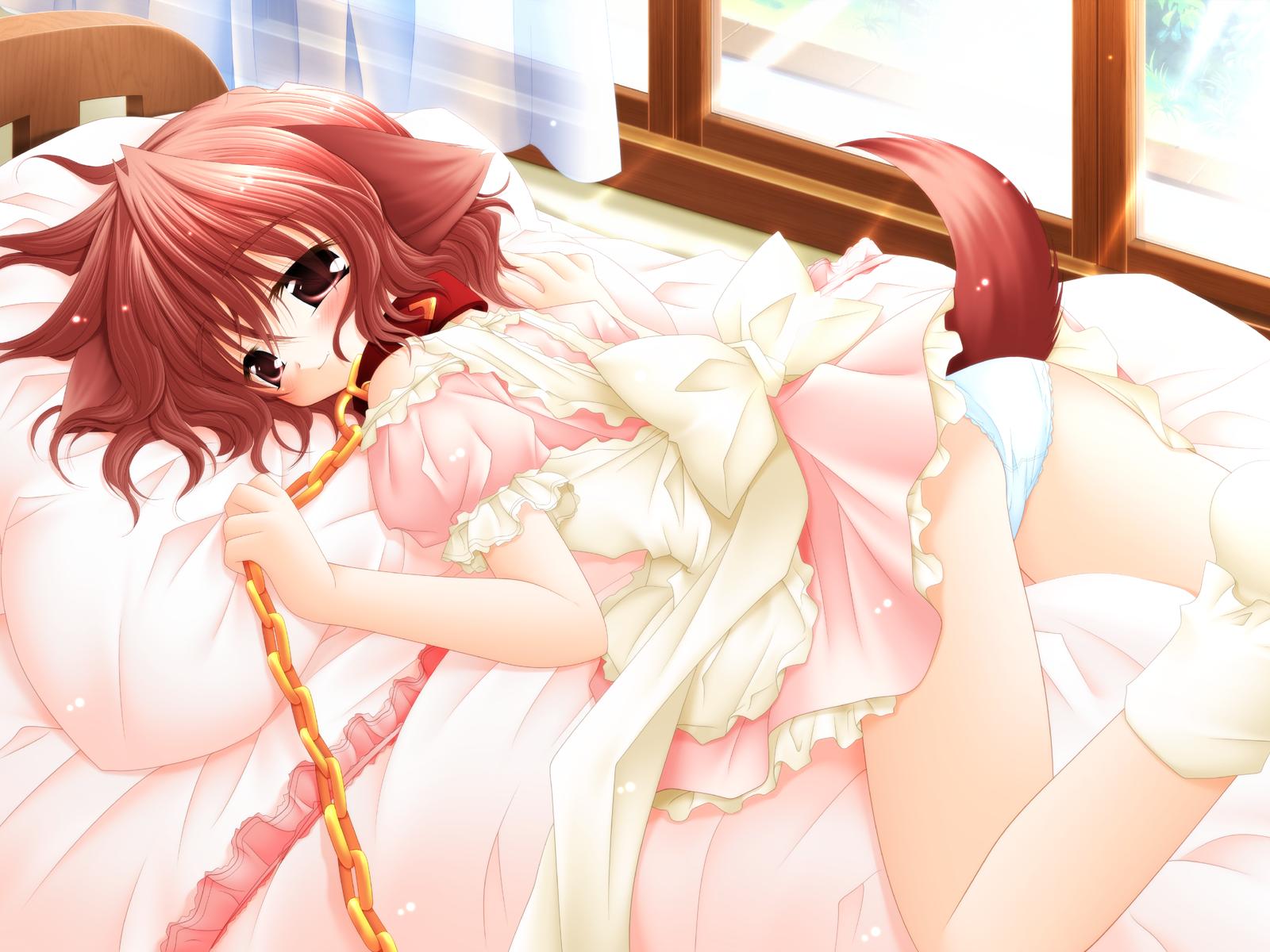 collar, hinata, inumimi, leash, lying, panties, pure_pure, red_eyes