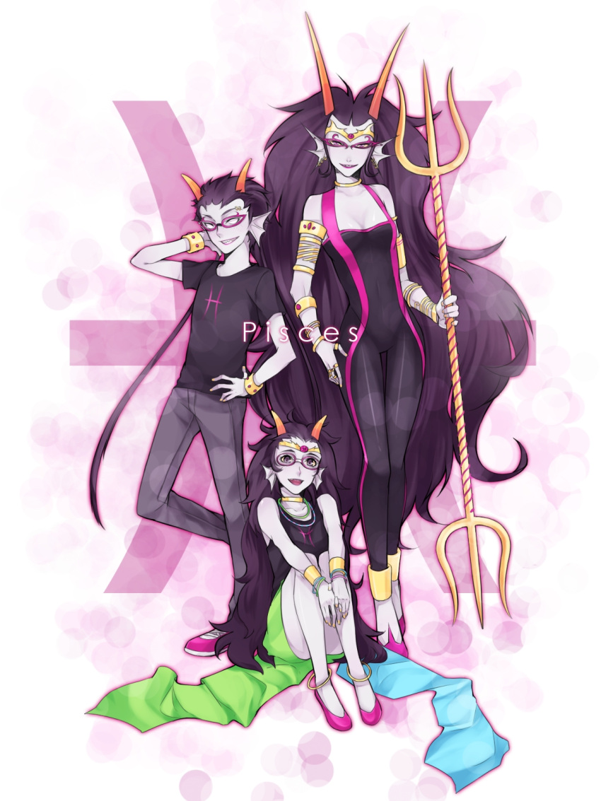 3girls, black_hair, braid, breasts, choker, crown, dual_persona, fangs