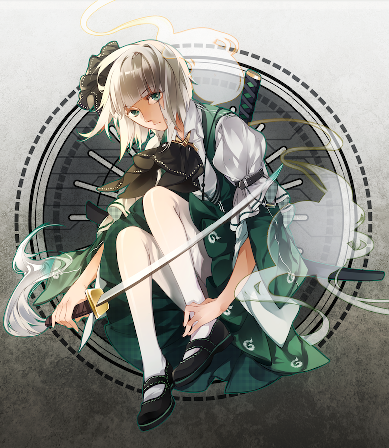 1girl, adapted_costume, blue_eyes, bobby_socks, bowtie, dress_shirt, ghost, hair_ribbon