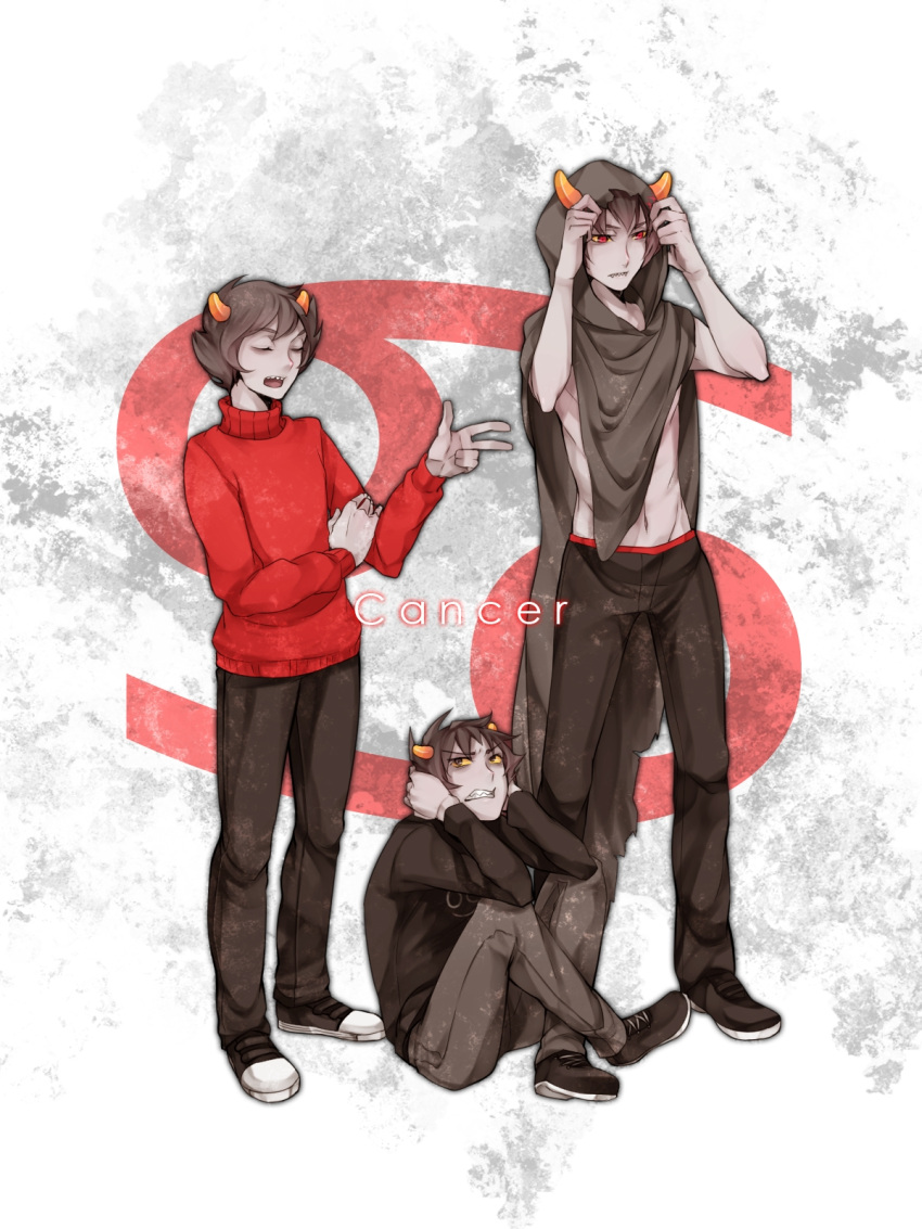 3boys, adjusting_clothes, black_hair, cancer, cape, closed_eyes, curled_up, dual_persona