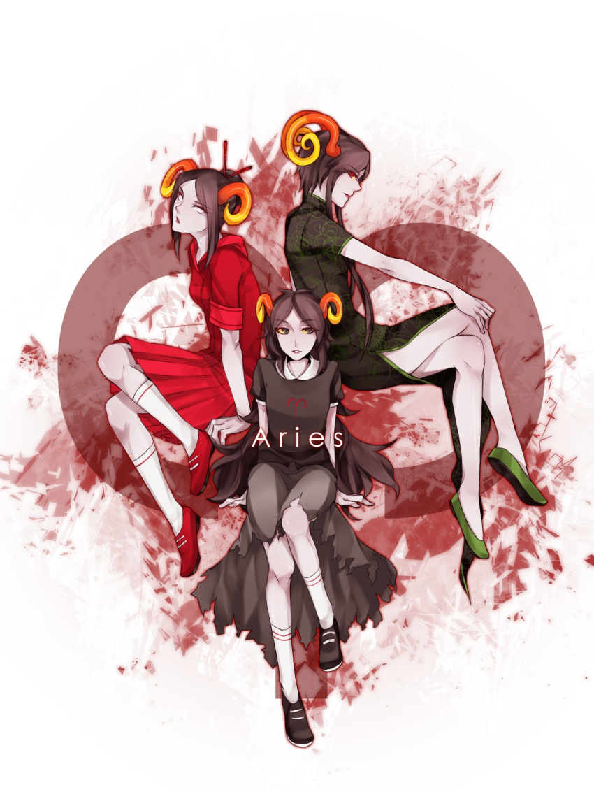 3girls, aradia_megido, aries, black_hair, china_dress, chinese_clothes, damara_megido, dual_persona, fang, fangs, grey_skin, highres, homestuck, horns, lipstick, long_hair, makeup, multiple_girls, red_eyes, sitting, skirt, the_handmaid, ti9931, torn_clothes, very_long_hair, white_eyes, white_legwear