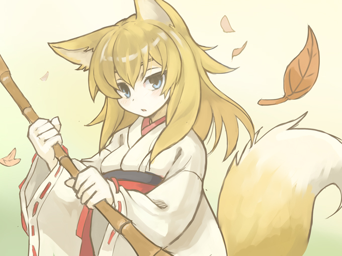 1girl, animal_ears, bamboo_broom, blonde_hair, blue_eyes, blush, broom, fox_ears