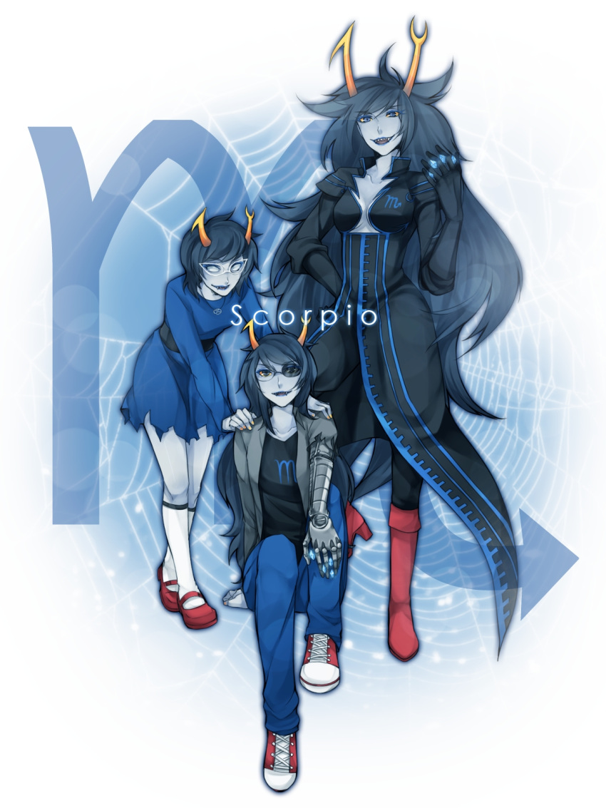 3girls, aranea_serket, black_hair, blue_lipstick, boots, breasts, cleavage, dice