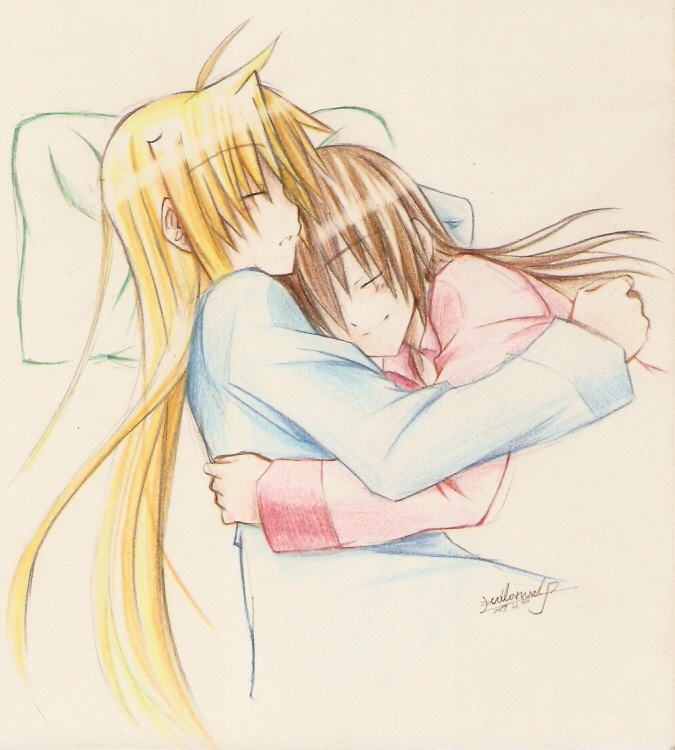 bed, blonde_hair, colored_pencil_(medium), cuddle, cuddling, fate_testarossa, hug, mahou_shoujo_lyrical_nanoha, mahou_shoujo_lyrical_nanoha_strikers, multiple_girls, mutual_yuri, smile, takamachi_nanoha, traditional_media, yuri