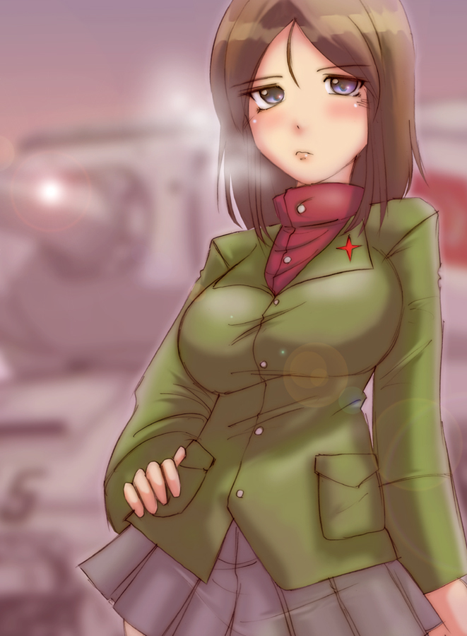 1girl, blue_eyes, blush, brown_hair, girls_und_panzer, hand_on_hip, jacket, lens_flare