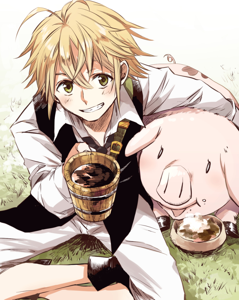 1boy, animal, blonde_hair, blush, boots, coat, drinking, eating, grass, green_eyes, happy, hawk_(nanatsu_no_taizai), looking_at_viewer, meliodas, mssz, nanatsu_no_taizai, necktie, pig, shirt, short_hair, sitting, smile, solo, white_shirt