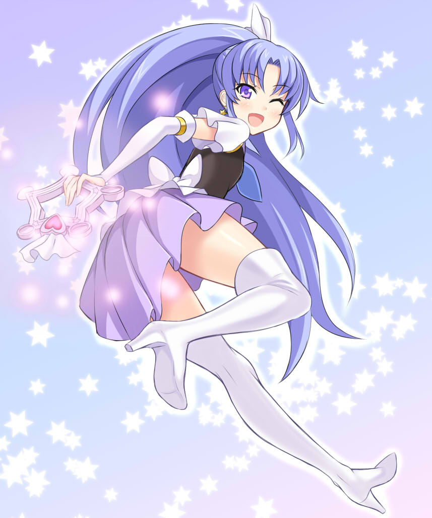 1girl, ;d, arm_warmers, blue_background, boots, cure_fortune, dansa, female