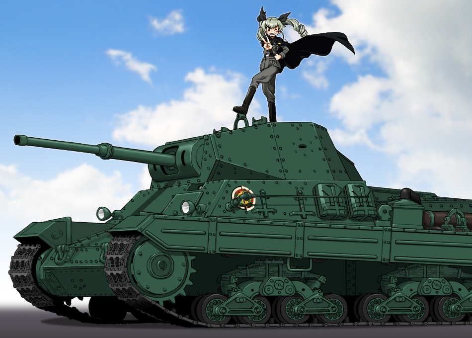 1girl, anchovy, boots, carro_armato_p40, clouds, drill_hair, emblem, food
