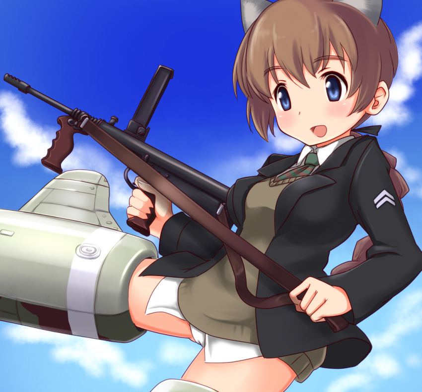 1girl, a9b_(louis814), animal_ears, blue_eyes, braid, brown_hair, cat_ears, gun