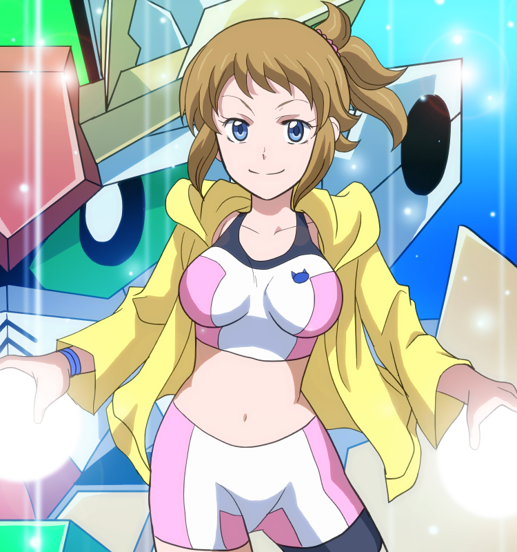 1girl, bike_shorts, blue_eyes, brown_hair, gundam, gundam_build_fighters, gundam_build_fighters_try, hoodie